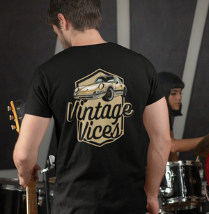 Back view of black Badges T-Shirt by Vintage Vices, male musician