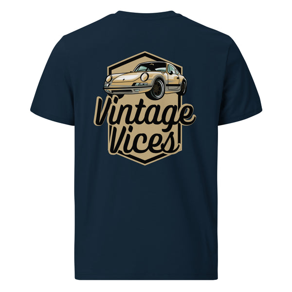 Back view of blue Badges T-Shirt by Vintage Vices