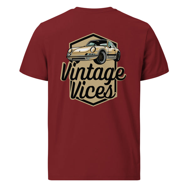 Back view of burgundy Badges T-Shirt by Vintage Vices