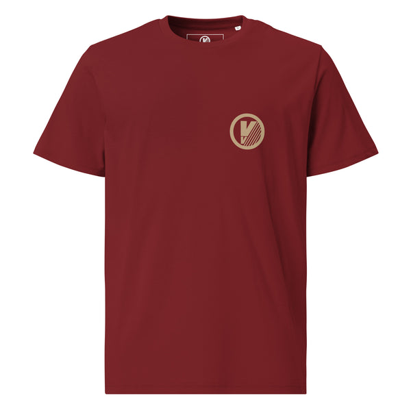 Front view of burgundy Badges T-Shirt by Vintage Vices