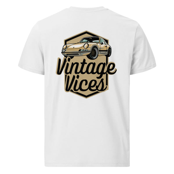 Back view of white Badges T-Shirt by Vintage Vices