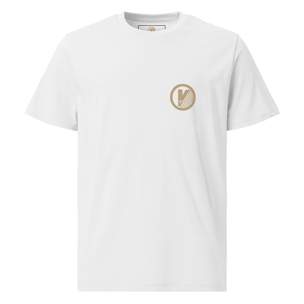 Front view of white Badges T-Shirt by Vintage Vices