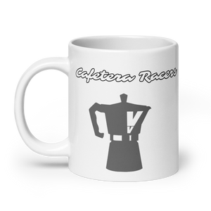 Front view of Cafetera Racers Mug by Vintage Vices, featuring café racer graphic, white