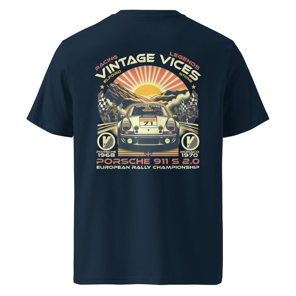 Back view of French navy Euro-Rally T-Shirt by Vintage Vices