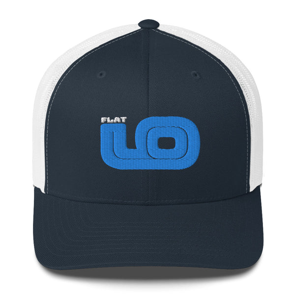 Front view of Flat 6 World Trucker Cap by Vintage Vices with blue embroidered lettering, navy front, white back