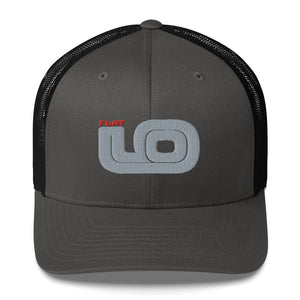 Front view of Flat 6 World Trucker Cap by Vintage Vices with gray embroidered lettering, gray