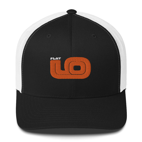 Front view of Flat 6 World Trucker Cap by Vintage Vices with orange embroidered lettering, black front, white back