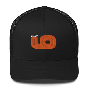 Front view of Flat 6 World Trucker Cap by Vintage Vices with orange embroidered lettering, all black