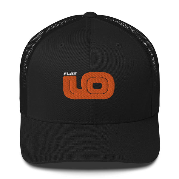 Front view of Flat 6 World Trucker Cap by Vintage Vices with orange embroidered lettering, all black