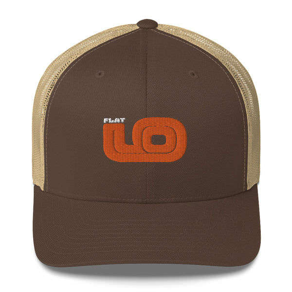 Front view of Flat 6 World Trucker Cap by Vintage Vices with orange embroidered lettering, brown front, khaki back