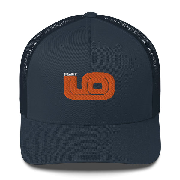 Front view of Flat 6 World Trucker Cap by Vintage Vices with orange embroidered lettering, all navy
