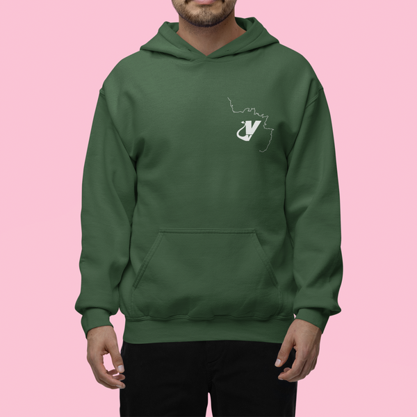Front view of forest green Targa GA Hoodie by Vintage Vices on male model