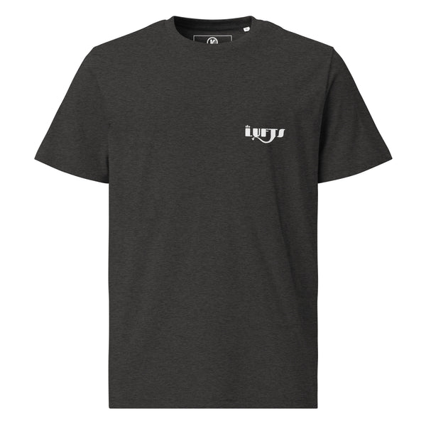 Front view of The Lufts Classic Logo T-Shirt Dark in dark heather grey by Vintage Vices