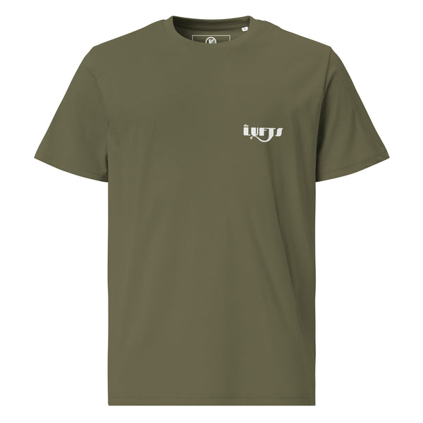 Front view of The Lufts Classic Logo T-Shirt Dark in khaki by Vintage Vices