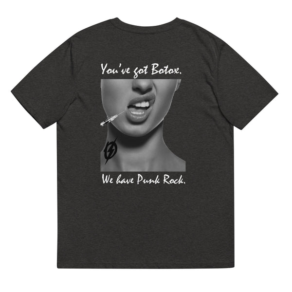 Back view of The Outlaws Botox T-Shirt in dark heather grey by Vintage Vices